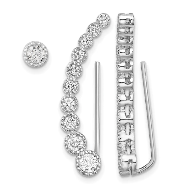 Sterling Silver RH-plated Polished & Textured CZ 1 Ear Climber & 1 Stud Ear - Birthstone Company