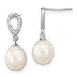 Sterling Silver Rhodium-plated 8-9mm White Rice Freshwater Cultured Pearl and CZ Post Dangle Earrings