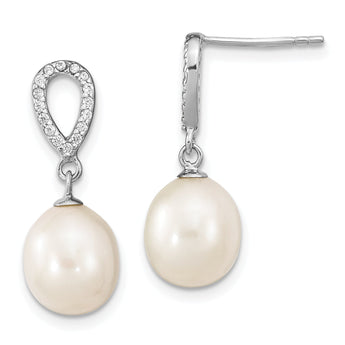 Sterling Silver Rhodium-plated 8-9mm White Rice Freshwater Cultured Pearl and CZ Post Dangle Earrings