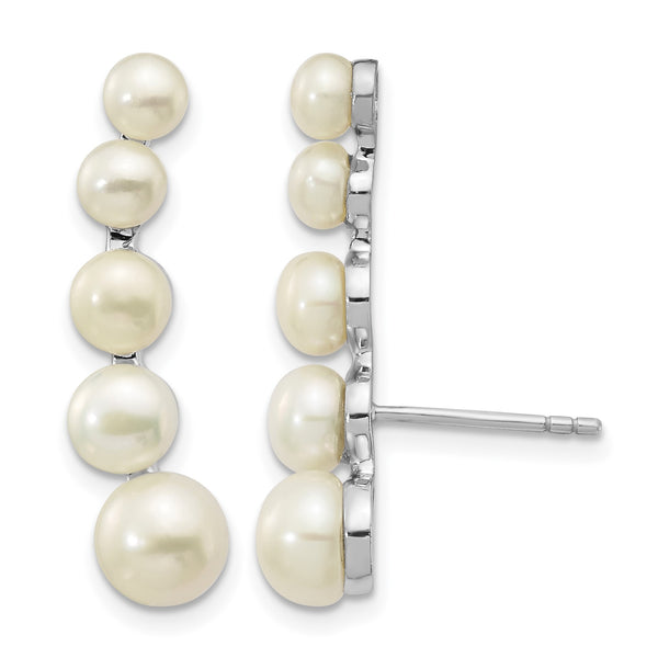 Sterling Silver Rhodium-plated Polished White 4-6mm Button Freshwater Cultured Pearl Post Ear Climber Earrings - Birthstone Company
