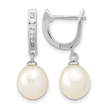 Sterling Silver Rhodium-plated 8-9mm White Rice Freshwater Cultured Pearl and CZ Dangle Hoop Earrings - Birthstone Company