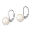Sterling Silver Rhodium-plated Polished White 8-9mm Round Freshwater Cultured Pearl Leverback Dangle Earrings - Birthstone Company