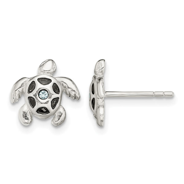 Sterling Silver Antiqued Aqua Crystal Turtle Post Earrings - Birthstone Company