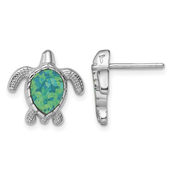 Sterling Silver Rhodium-plated Green Created Opal Turtle Post Earrings - Birthstone Company