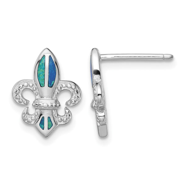 Sterling Silver Rhodium-plated Polished & Beaded Blue Created Opal Fleur De Lis Post Earrings - Birthstone Company