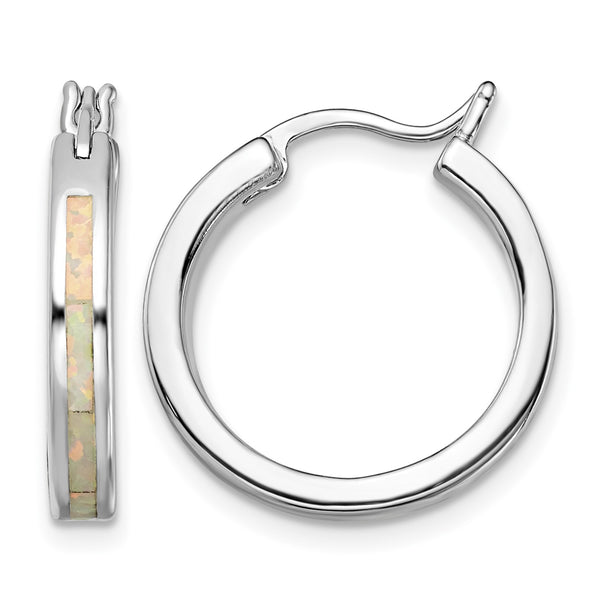 Sterling Silver Rhodium-plated Created Opal Inlay Round Hoop Earrings - Birthstone Company