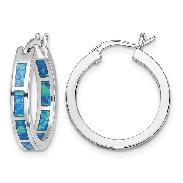 Sterling Silver Rhodium-plated Blue Cr. Opal In/Out Round Hoop Earrings - Birthstone Company