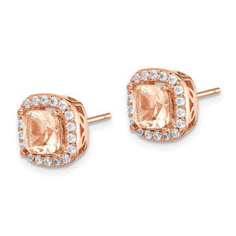 Sterling Silver Rose-tone Square Peach CZ Halo Post Earrings - Birthstone Company