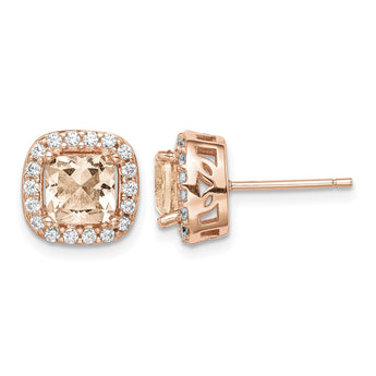 Sterling Silver Rose-tone Square Peach CZ Halo Post Earrings - Birthstone Company