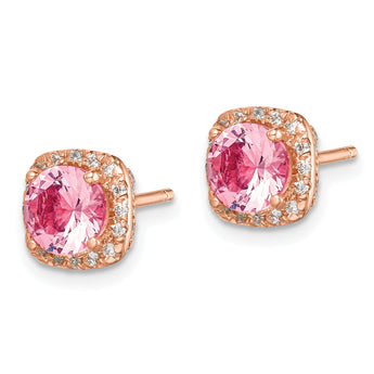 Sterling Silver Rose-tone Square Pink Crystal Center and CZ Post Earrings