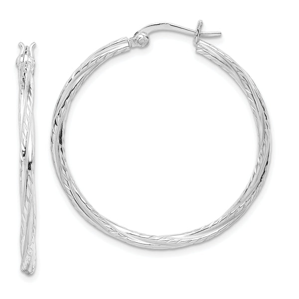 Sterling Silver Rhodium Plated 2x35mm Twisted Hoop Earrings