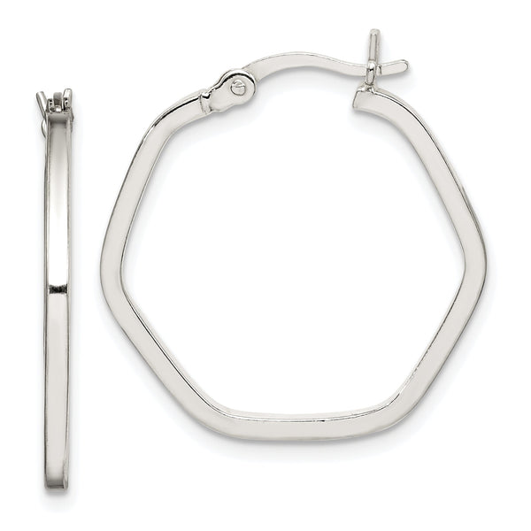 Sterling Silver Polished Square Tube Hexagon Hoop Earrings