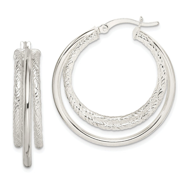 Sterling Silver Textured and Polished Triple Hoop Earrings