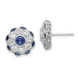Sterling Silver RH Plated CZ and Synthetic Blue Spinel Flower Post Earrings