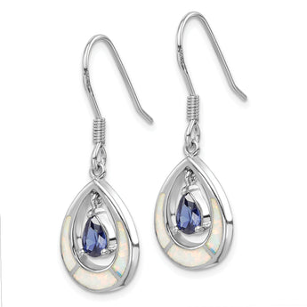 Sterling Silver Rhodium-plated Polished Created Opal & Blue CZ Teardrop Dangle Earrings