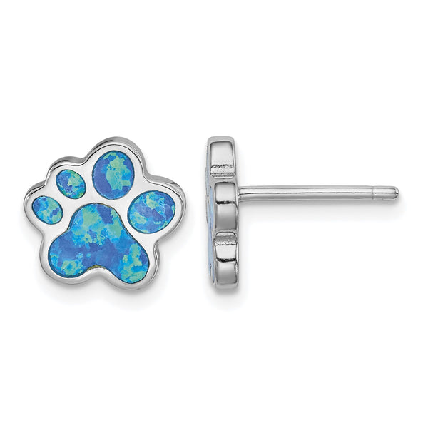 Sterling Silver Rhod-plated Creat Blue Opal Paw Print Post Earrings - Birthstone Company