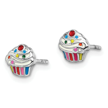 Sterling Silver Rhodium-plated Polished & Multi-color Enameled Cupcake Children's Post Earrings