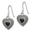 Onyx & Marcasite Heart Dangle Earrings in Sterling Silver, 5.5mm