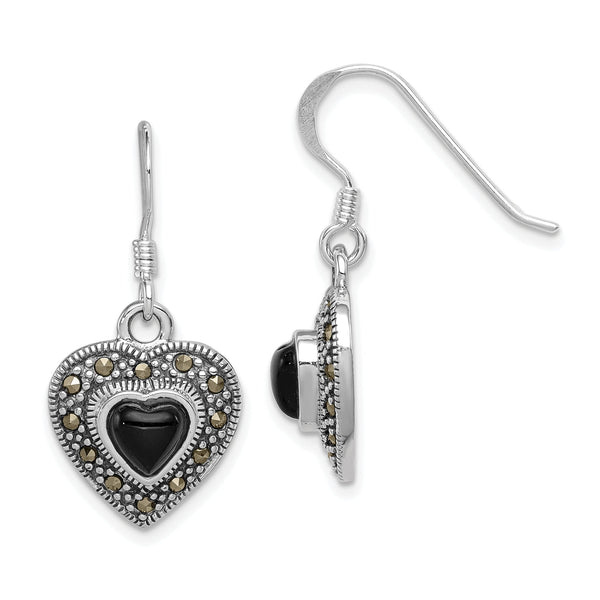 Onyx & Marcasite Heart Dangle Earrings in Sterling Silver, 5.5mm