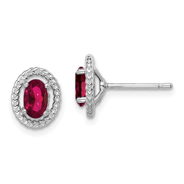 Sterling Silver Rhod-plat Created Ruby Oval Post Earrings