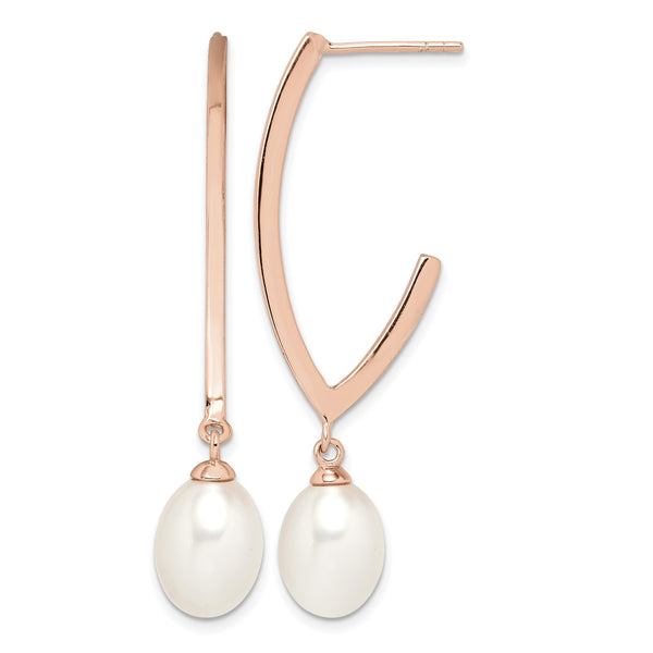 Sterling Silver Rose-tone 18k Flash Gold-plated 8-9mm White Rice Freshwater Cultured Pearl Post Dangle Earrings - Birthstone Company