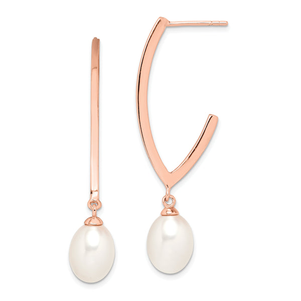 Sterling Silver Rose-tone 18k Flash Gold-plated 8-9mm White Rice Freshwater Cultured Pearl Post Dangle Earrings