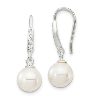 Sterling Silver Rhodium-plated Polished White 7-8mm Shell Pearl & CZ Dangle Earrings