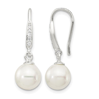 Sterling Silver Rhodium-plated Polished White 7-8mm Shell Pearl & CZ Dangle Earrings - Birthstone Company