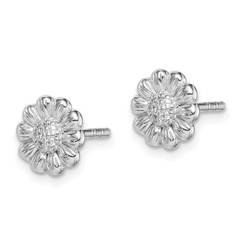 Sterling Silver Rhod-plated Polished & Textured CZ Flower Post Earrings