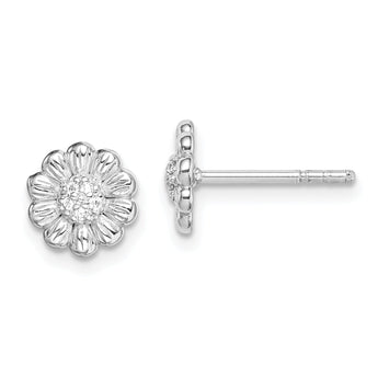 Sterling Silver Rhod-plated Polished & Textured CZ Flower Post Earrings