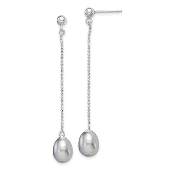 Sterling Silver Rhodium-plated 7-8mm Grey Teardrop Freshwater Cultured Pearl Post Dangle Earrings