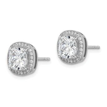 Sterling Silver RH-plated Polished & Textured 7mm CZ Halo Post Earrings