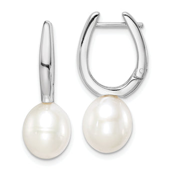 Sterling Silver Rhodium-plated 7-8mm White Rice Freshwater Cultured Pearl Dangle Hoop Earrings
