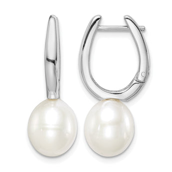 Sterling Silver Rhodium-plated 7-8mm White Rice Freshwater Cultured Pearl Dangle Hoop Earrings - Birthstone Company