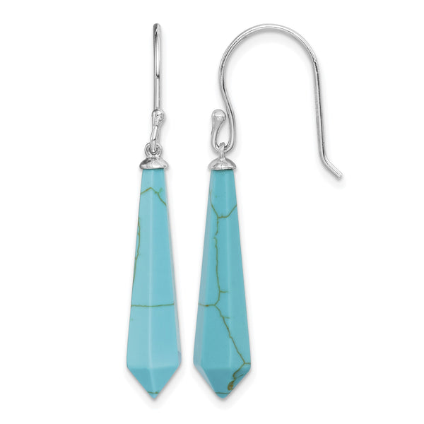 Sterling Silver RH-pltd Polished Imitation Turquoise Point Dangle Earrings - Birthstone Company
