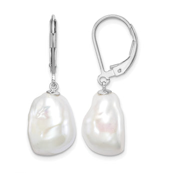 Sterling Silver Rhodium-plated 11-12mm White Keshi Freshwater Cultured Pearl Leverback Dangle Earrings - Birthstone Company