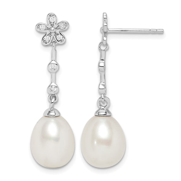 Sterling Silver Rhodium-plated 8-9mm White Rice Freshwater Cultured Pearl and CZ Flower Post Dangle Earrings - Birthstone Company