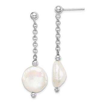 Sterling Silver Rhodium-plated 12-13mm White Coin Freshwater Cultured Pearl Post Dangle Earrings