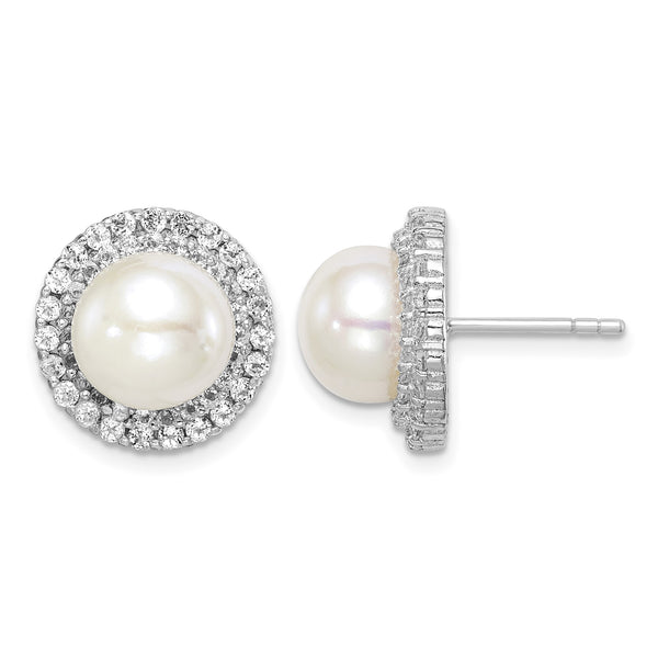 Sterling Silver Rhodium-plated 8-9mm White Button Freshwater Cultured Pearl and CZ Post Earrings 14.15 in - Birthstone Company