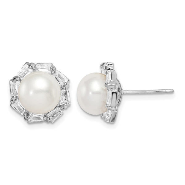 Sterling Silver Rhodium-plated 8-9mm White Button Freshwater Cultured Pearl and CZ Post Earrings 12.07 in - Birthstone Company