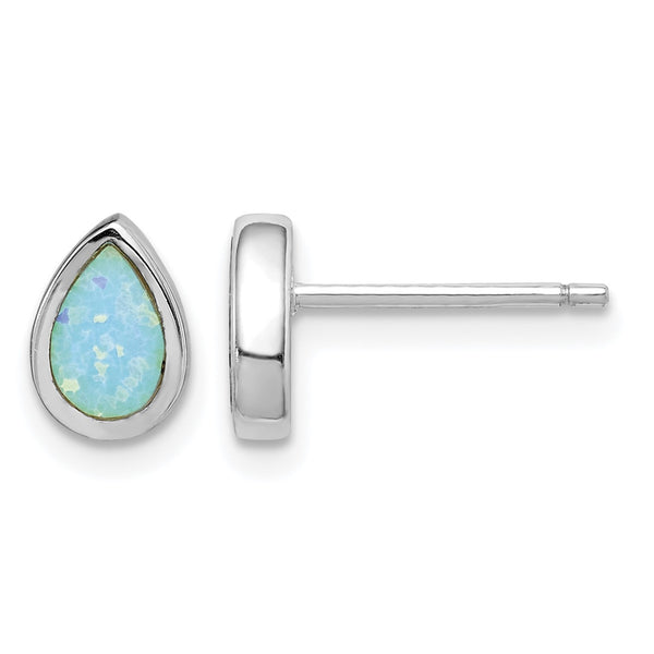 Sterling Silver RH-pltd Polished Blue Created Opal Teardrop Stud Earrings 7.88 in - Birthstone Company