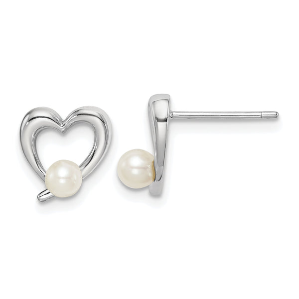 Sterling Silver Rhodium-plated 3-4mm White Round Freshwater Cultured Pearl Heart Post Earrings