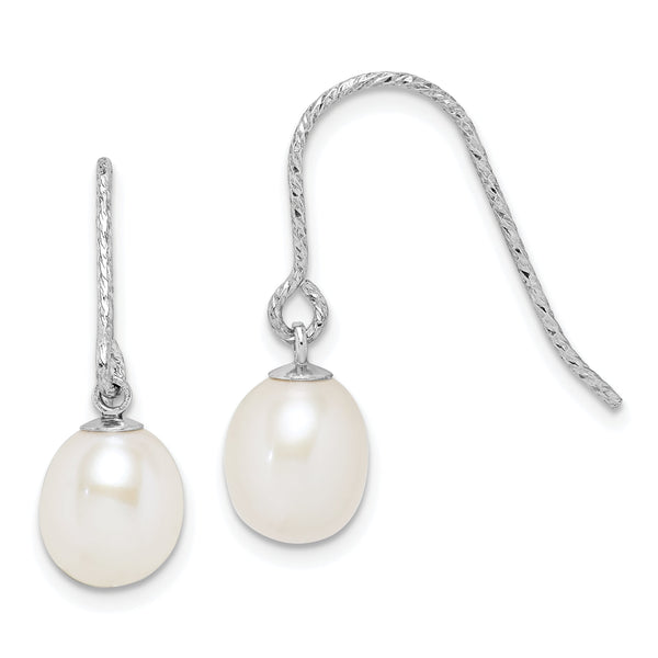 Sterling Silver Rhodium-plated Diamond-cut 6-7mm White Teardrop Freshwater Cultured Pearl Dangle Earrings