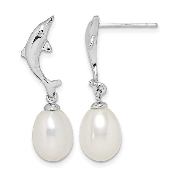 Sterling Silver Rhodium-plated 7-8mm White Rice Freshwater Cultured Pearl Dolphin Post Dangle Earrings - Birthstone Company
