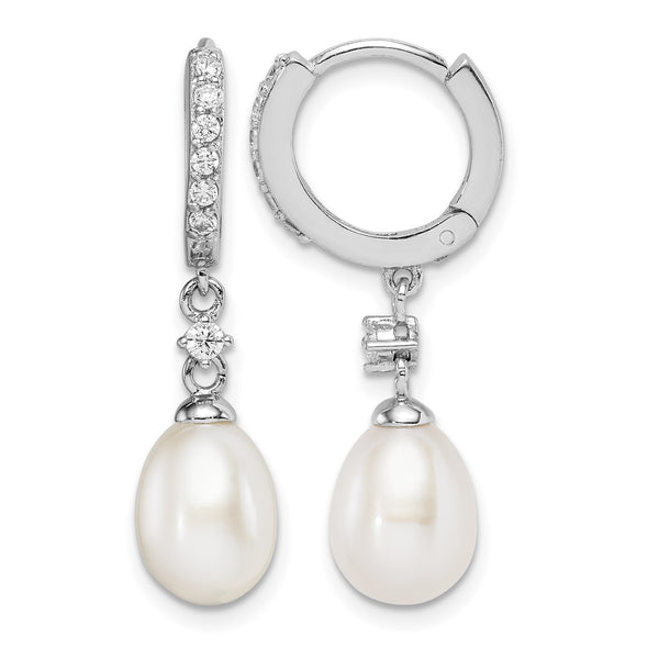 Sterling Silver Rhodium-plated 7-8mm White Freshwater Cultured Pearl and CZ Hoop Dangle Earrings - Birthstone Company