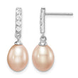 Sterling Silver Rhodium-plated 8-9mm Pink Teardrop Freshwater Cultured Pearl and CZ Post Dangle Earrings - Birthstone Company