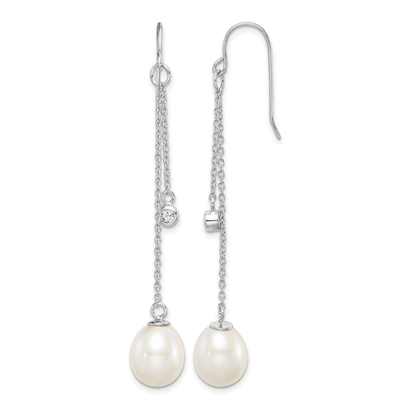 Sterling Silver Rhodium-plated 9-10mm White Teardrop Freshwater Cultured Pearl and CZ Dangle Earrings - Birthstone Company