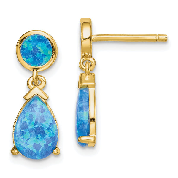 Sterling Silver Gold-tone Created Blue Opal Teardrop Post Dangle Earrings