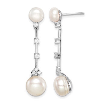 Sterling Silver Rhodium-plated CZ FWC Button Pearl Dangle Post Earrings - Birthstone Company