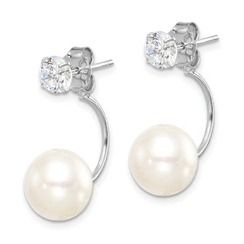 Sterling Silver Rhodium-plated 9-10mm White Button Freshwater Cultured Pearl and CZ Front and Back Post Dangle Earrings - Birthstone Company